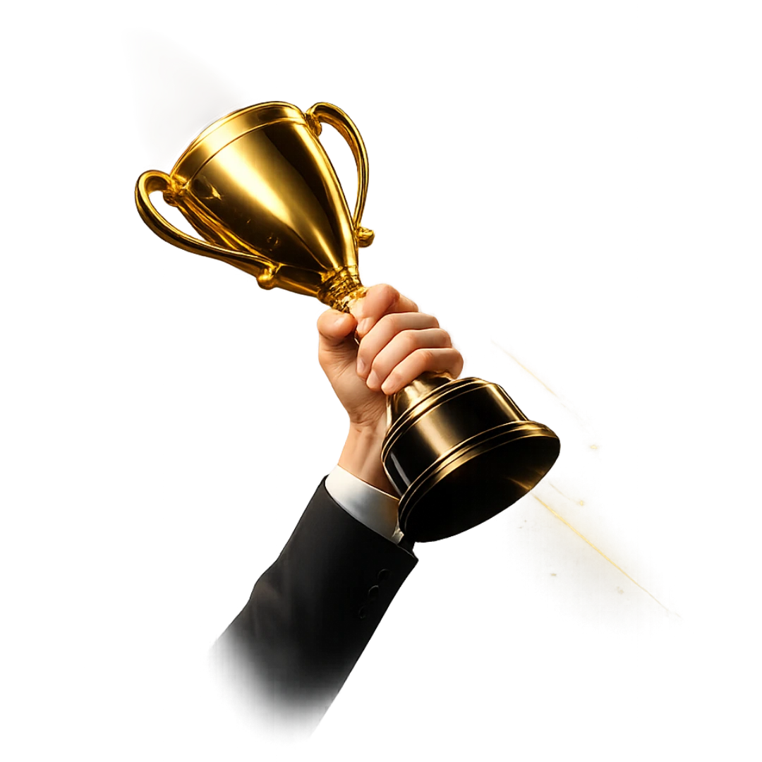 A hand raising a gold trophy