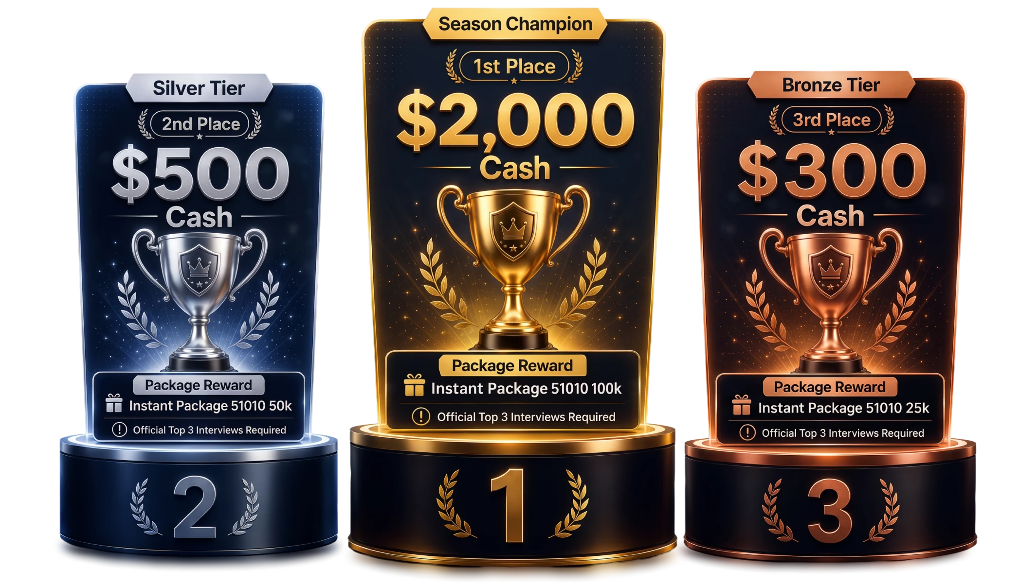 Prize podium — 1st place: $2,000 cash, 2nd place: $500 cash, 3rd place: $300 cash, each with an Instant Package reward.